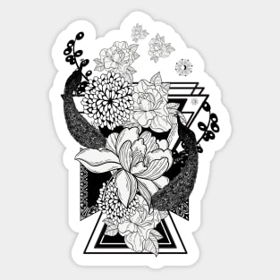 Wonderful flowers in black and white with peacock Sticker